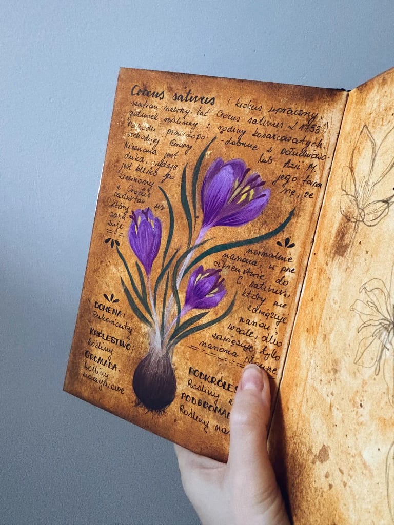 Fragment szkicownika z rysunkiem i opisem budowy rośliny - krokusa
